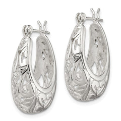 QE8371 Sterling Silver Polished Filigree Oval Hoop Earrings