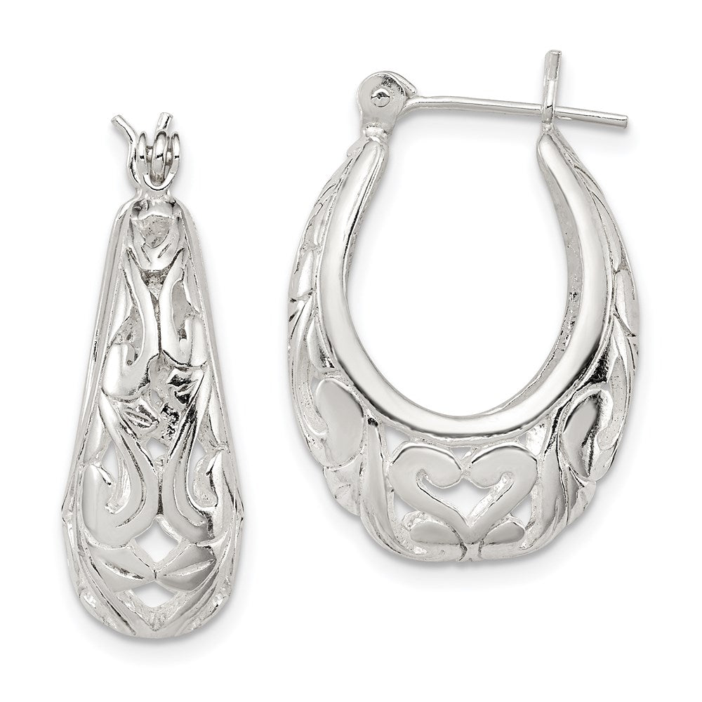 QE8371 Sterling Silver Polished Filigree Oval Hoop Earrings