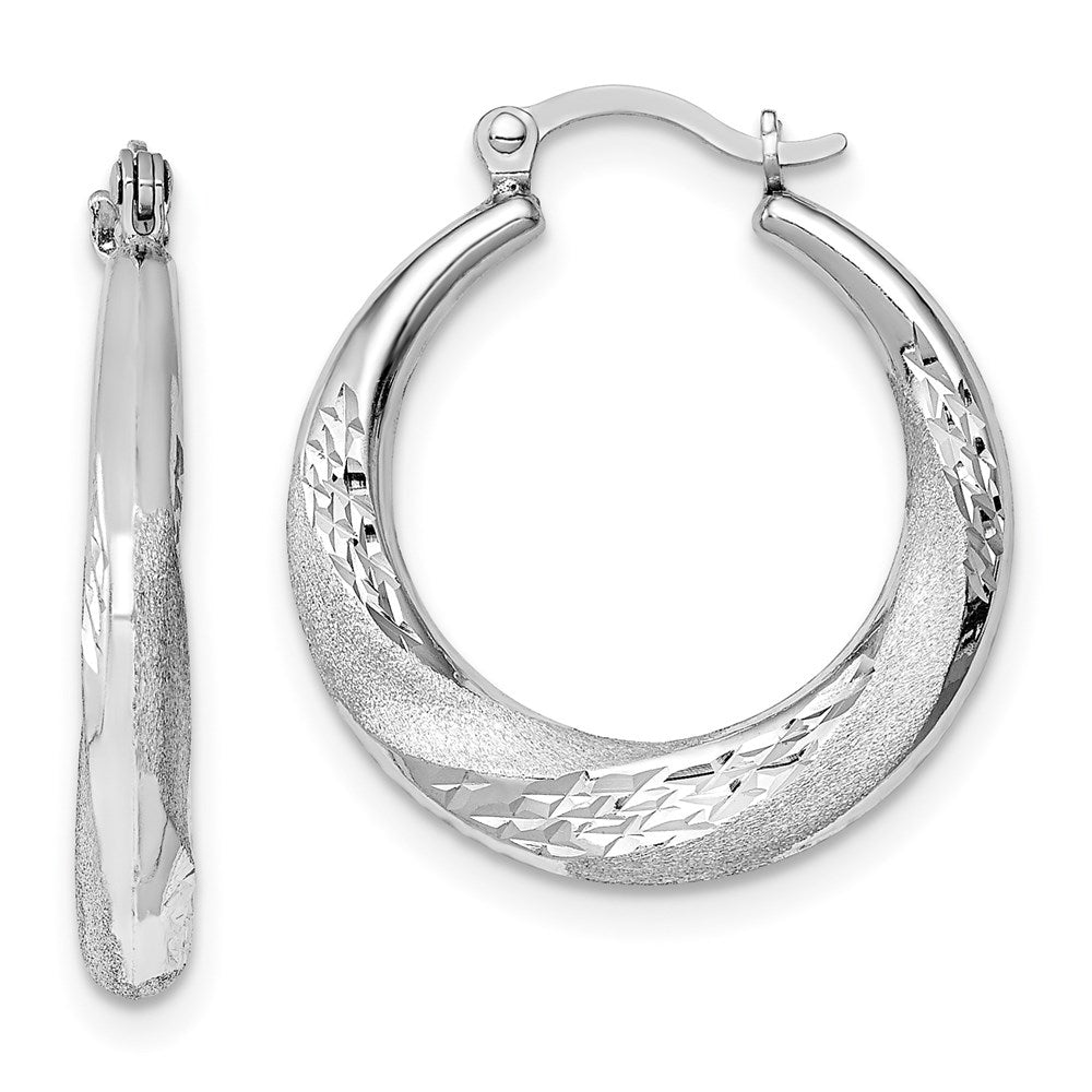 QE8397 Sterling Silver RH-plated Brushed & D/C Scalloped Round Hoop Earrings