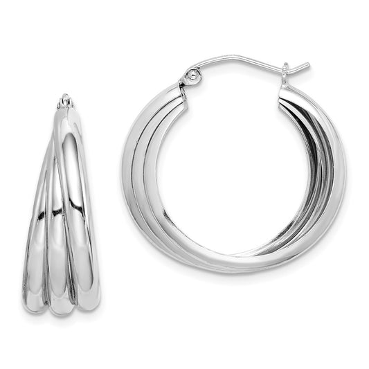 QE8403 Sterling Silver Rhodium-plated Triple Tube Round Hoop Earrings