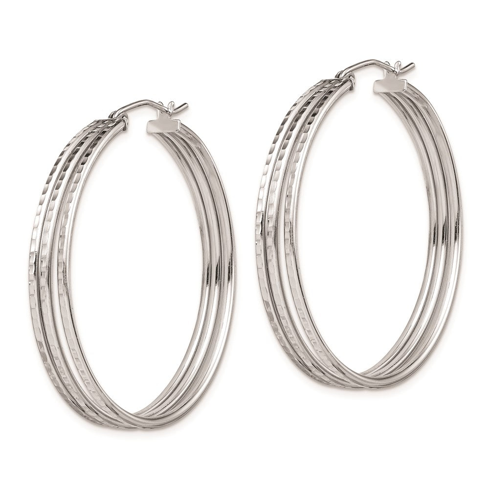 QE8404 Sterling Silver Rhodium Plated Textured Fancy Hoop Earrings