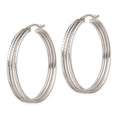 QE8404 Sterling Silver Rhodium Plated Textured Fancy Hoop Earrings