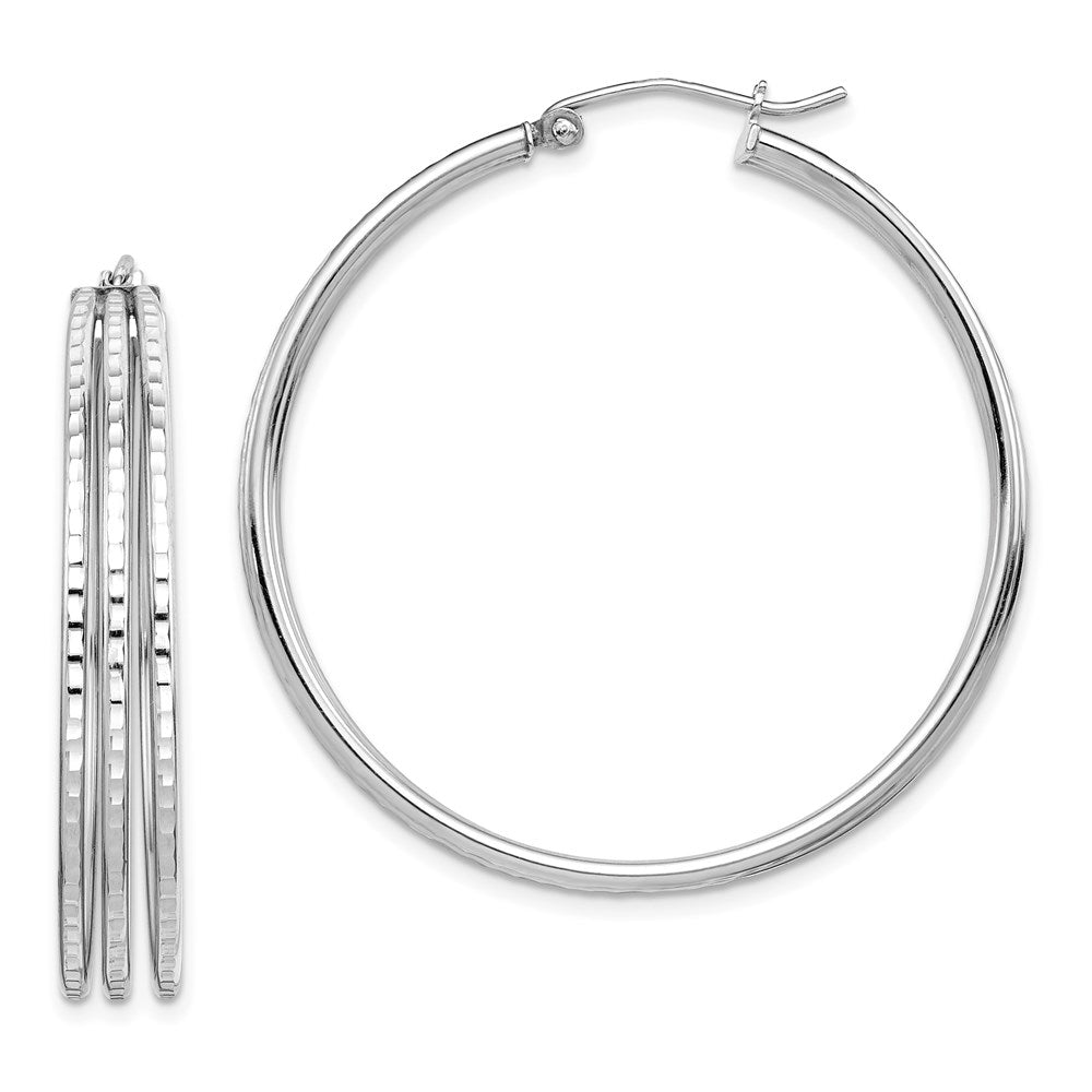 QE8404 Sterling Silver Rhodium Plated Textured Fancy Hoop Earrings
