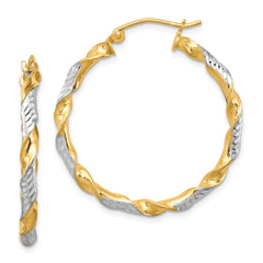 QE8446 Sterling Silver RH-plated Vermeil Diamond-cut 3x30mm Twisted Hoop Earrings