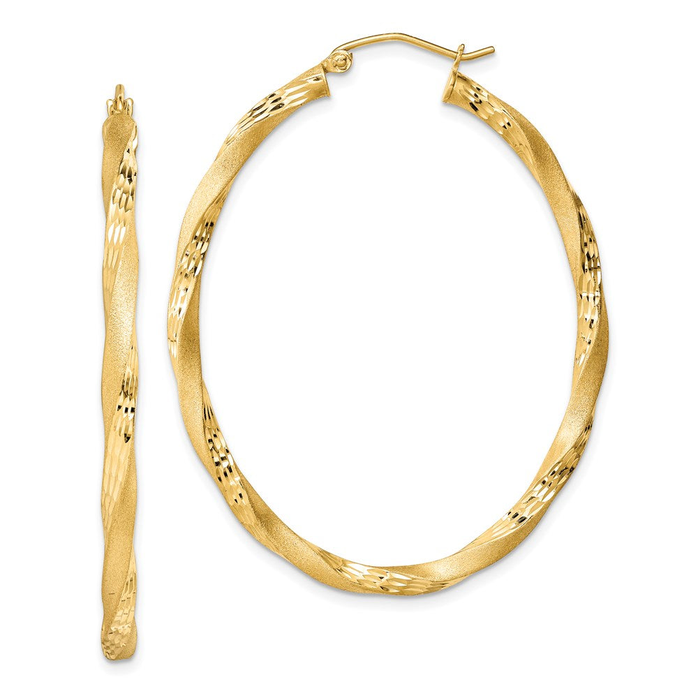 QE8463 Sterling Silver Gold-plated Diamond-cut Twist Satin 4mm Oval Hoop Earrings
