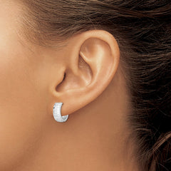 QE8506 Sterling Silver Rhodium Polished Textured Hinged Hoop Earrings