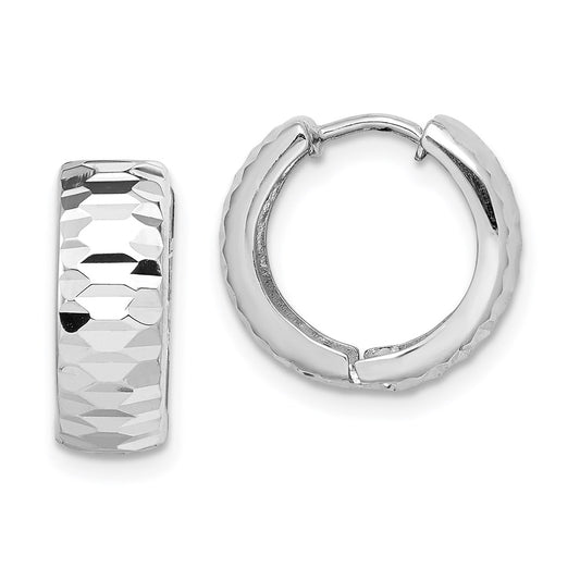 QE8506 Sterling Silver Rhodium Polished Textured Hinged Hoop Earrings