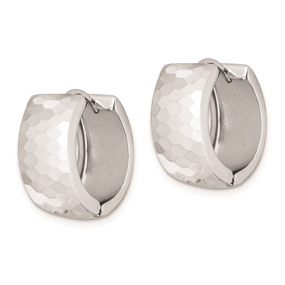 QE8507 Sterling Silver Rhodium Polished Patterned Hinged Hoop Earrings