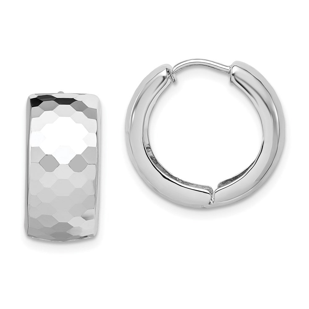 QE8507 Sterling Silver Rhodium Polished Patterned Hinged Hoop Earrings