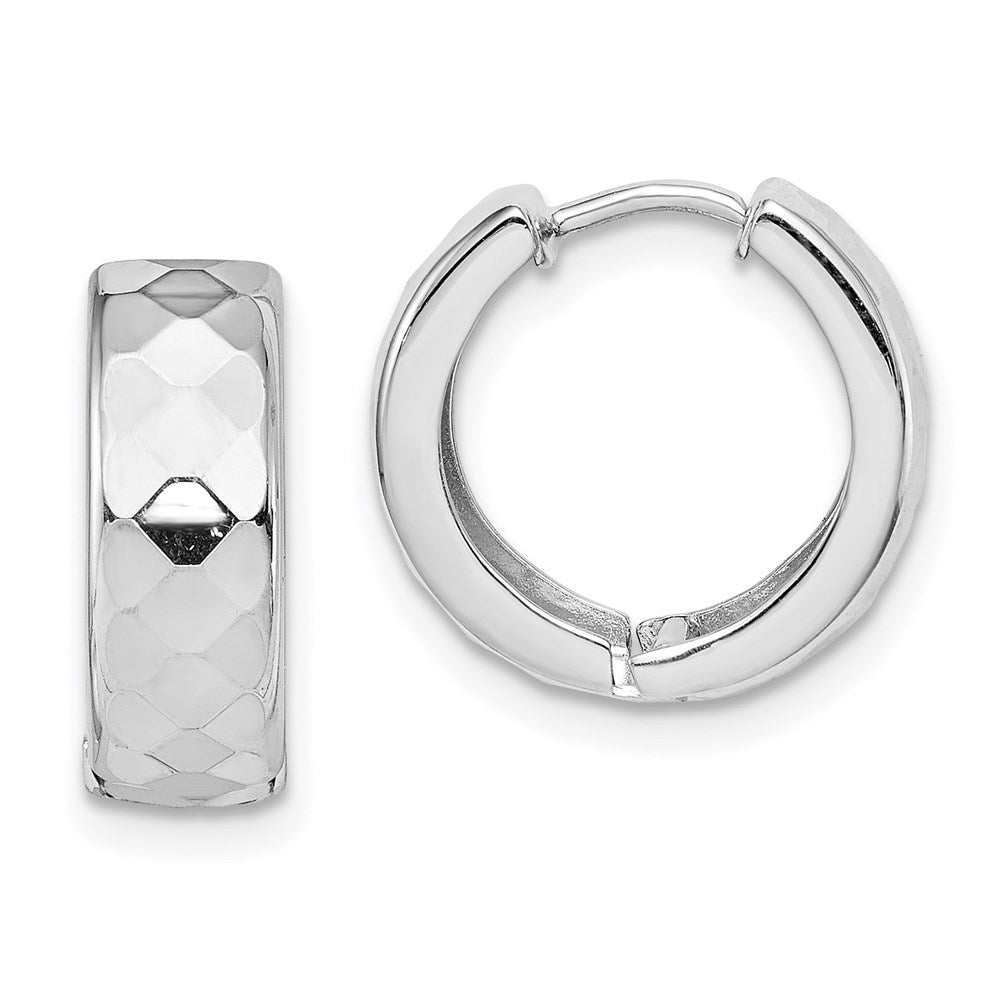QE8509 Sterling Silver Rhodium Polished Patterned Hinged Hoop Earrings
