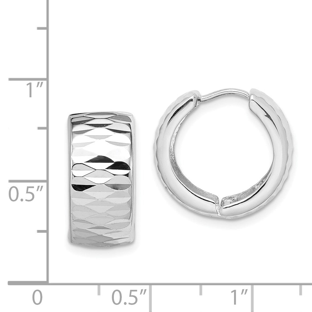 QE8513 Sterling Silver Rhodium Polished Diamond Cut Hinged Hoop Earrings