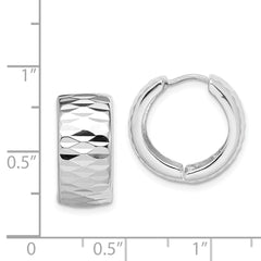 QE8513 Sterling Silver Rhodium Polished Diamond Cut Hinged Hoop Earrings