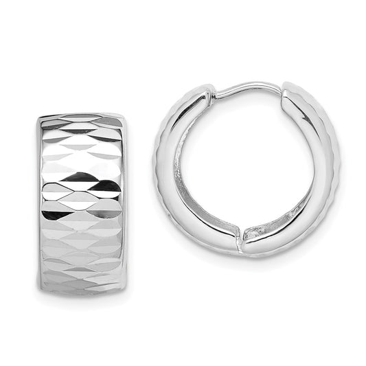 QE8513 Sterling Silver Rhodium Polished Diamond Cut Hinged Hoop Earrings