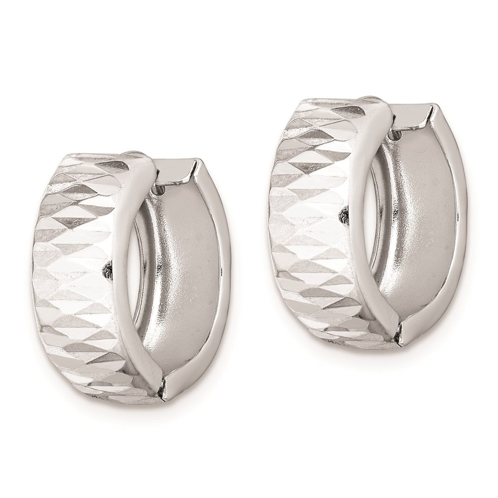 QE8514 Sterling Silver Rhodium Diamond Cut Polished Hinged Hoop Earrings