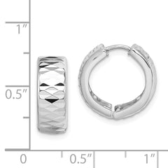 QE8514 Sterling Silver Rhodium Diamond Cut Polished Hinged Hoop Earrings
