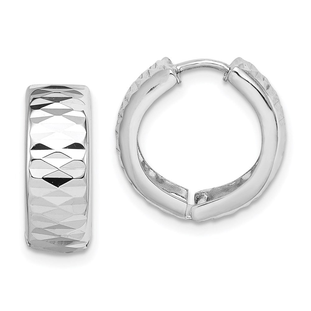 QE8514 Sterling Silver Rhodium Diamond Cut Polished Hinged Hoop Earrings