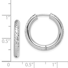 QE8516 Sterling Silver Rhodium Polished Diamond Cut Hinged Hoop Earrings