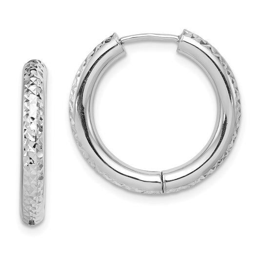 QE8516 Sterling Silver Rhodium Polished Diamond Cut Hinged Hoop Earrings