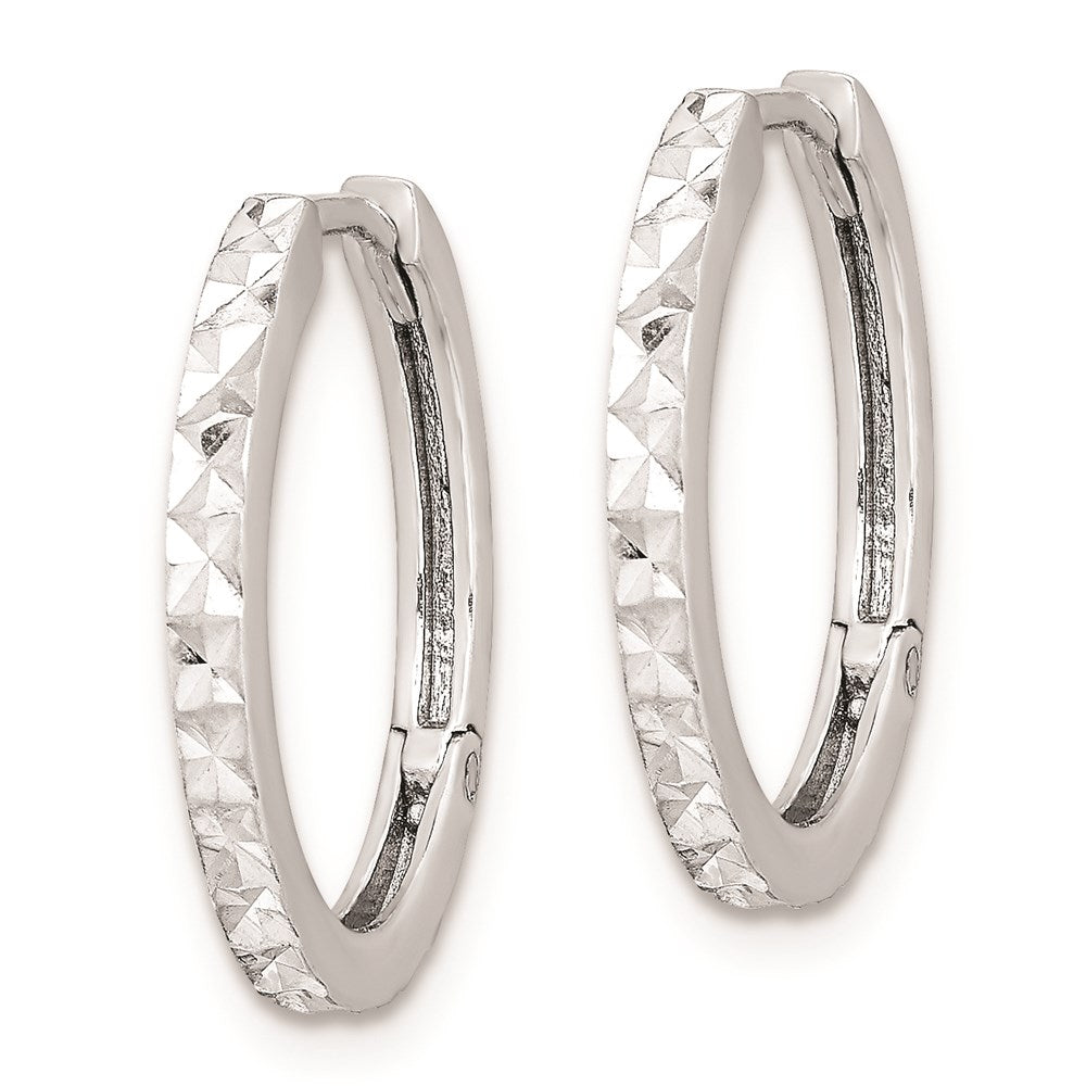 QE8517 Sterling Silver Rhodium Polished Diamond Cut Hinged Hoop Earrings
