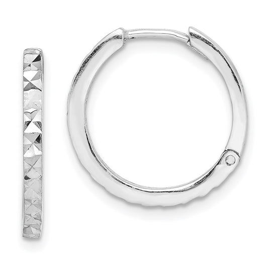 QE8517 Sterling Silver Rhodium Polished Diamond Cut Hinged Hoop Earrings