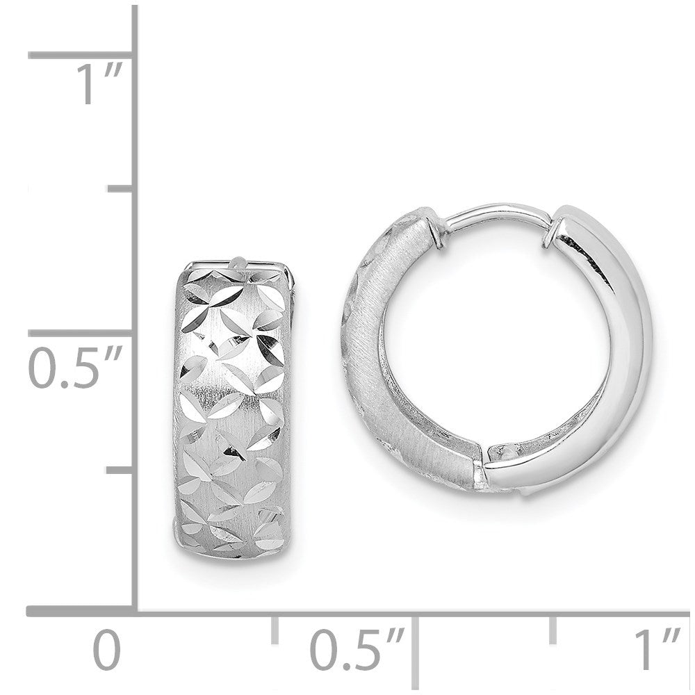 QE8521 Sterling Silver Rhodium-plated Diamond Cut Hinged Hoop Earrings