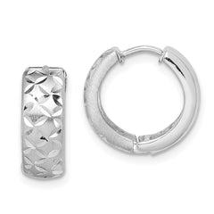 QE8521 Sterling Silver Rhodium-plated Diamond Cut Hinged Hoop Earrings