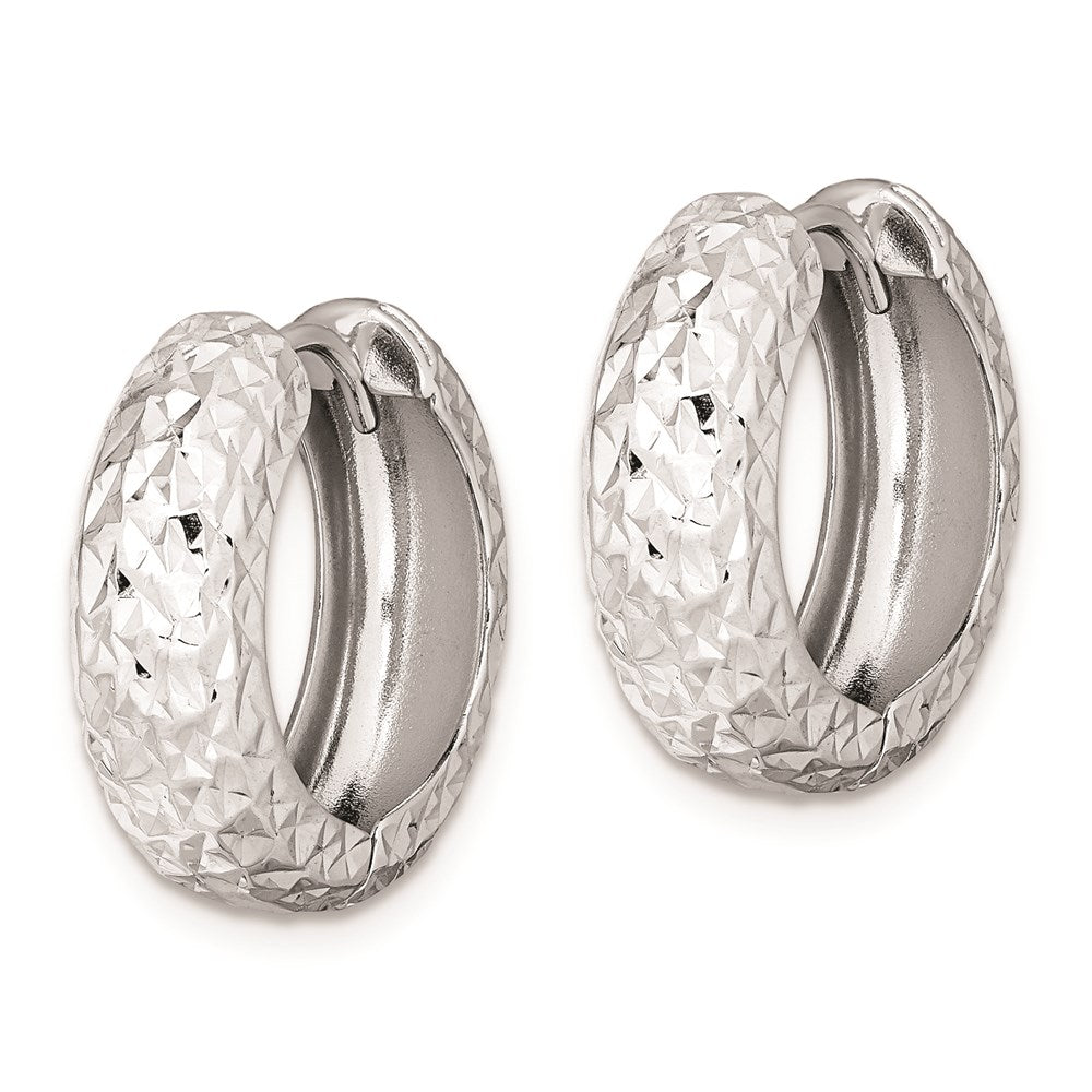 QE8524 Sterling Silver Rhodium Polished Diamond Cut Hoop Earrings