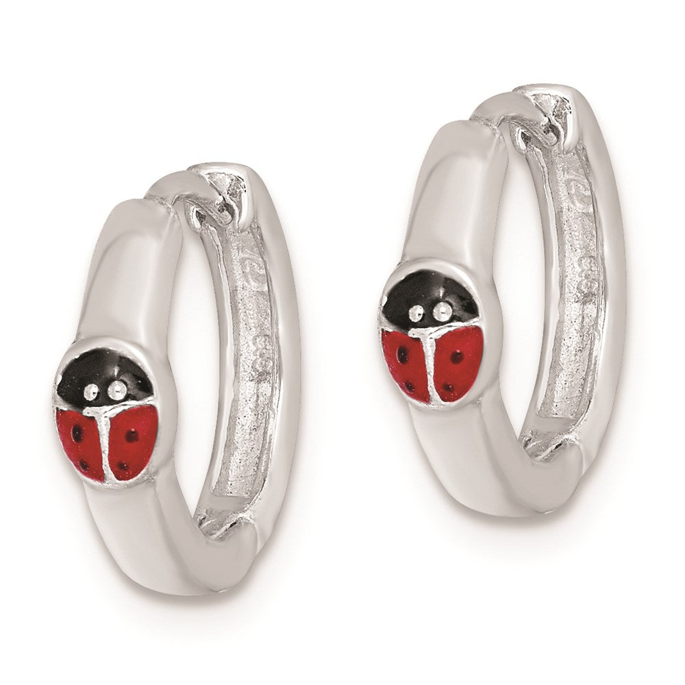 QE8526 Sterling Silver RH-plated Enameled Ladybug Hinged Hoop Earrings