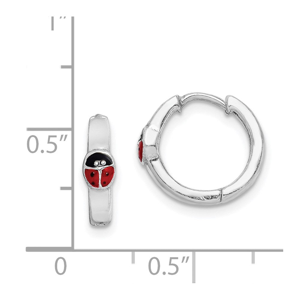 QE8526 Sterling Silver RH-plated Enameled Ladybug Hinged Hoop Earrings