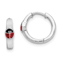 QE8526 Sterling Silver RH-plated Enameled Ladybug Hinged Hoop Earrings