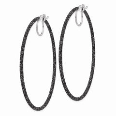 QE8568 Sterling Silver Rhodium-plated Black Glitter Enamel 2x55mm Hoop Earrings