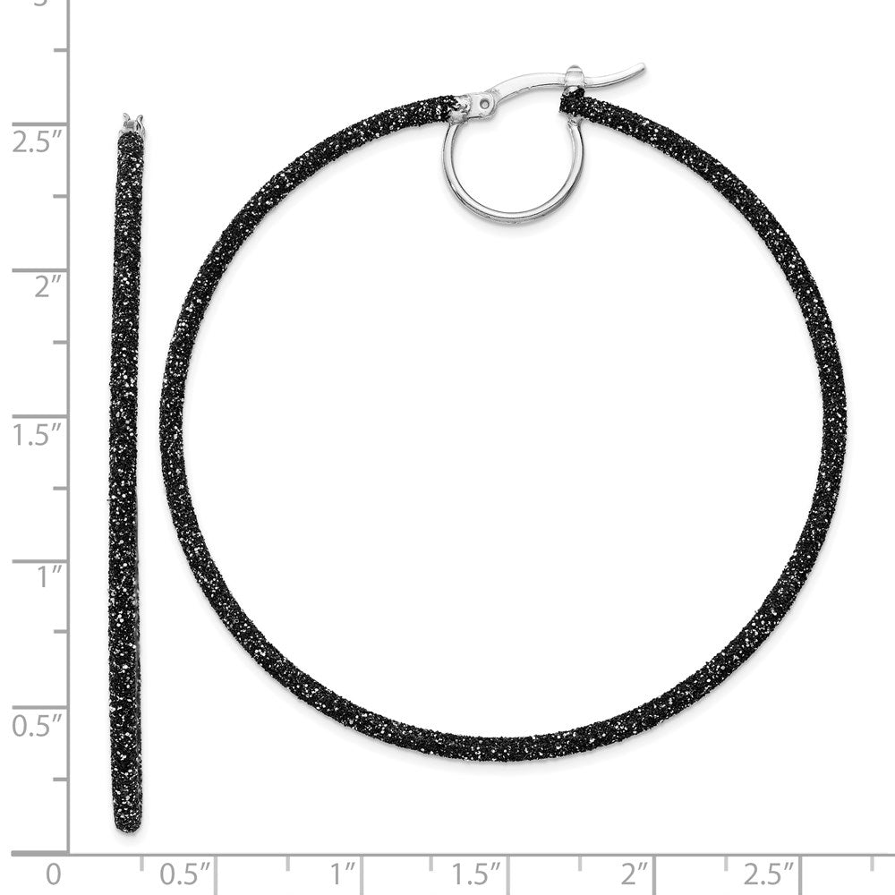 QE8568 Sterling Silver Rhodium-plated Black Glitter Enamel 2x55mm Hoop Earrings
