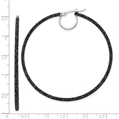 QE8568 Sterling Silver Rhodium-plated Black Glitter Enamel 2x55mm Hoop Earrings