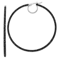 QE8568 Sterling Silver Rhodium-plated Black Glitter Enamel 2x55mm Hoop Earrings