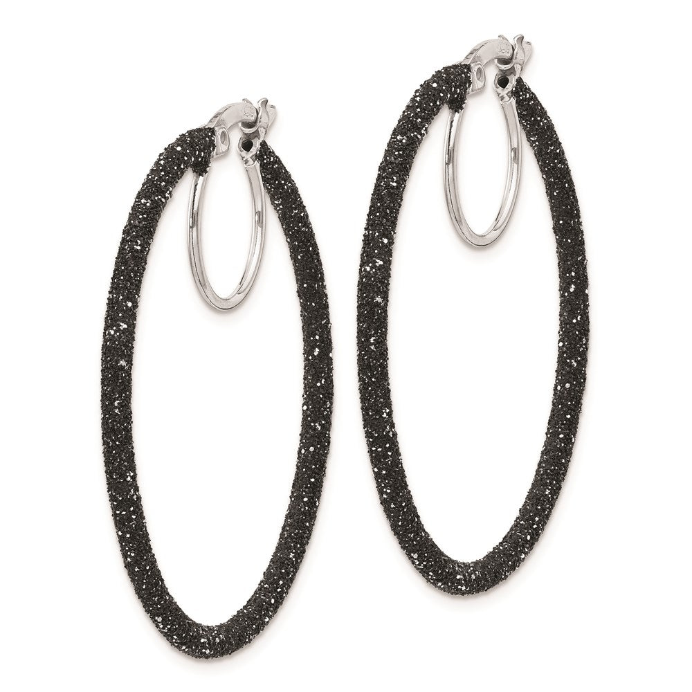QE8570 Sterling Silver Rhodium-plated Black Glitter Enamel 2x35mm Hoop Earrings