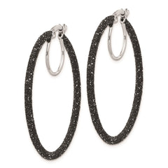QE8570 Sterling Silver Rhodium-plated Black Glitter Enamel 2x35mm Hoop Earrings