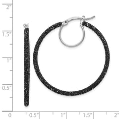 QE8570 Sterling Silver Rhodium-plated Black Glitter Enamel 2x35mm Hoop Earrings