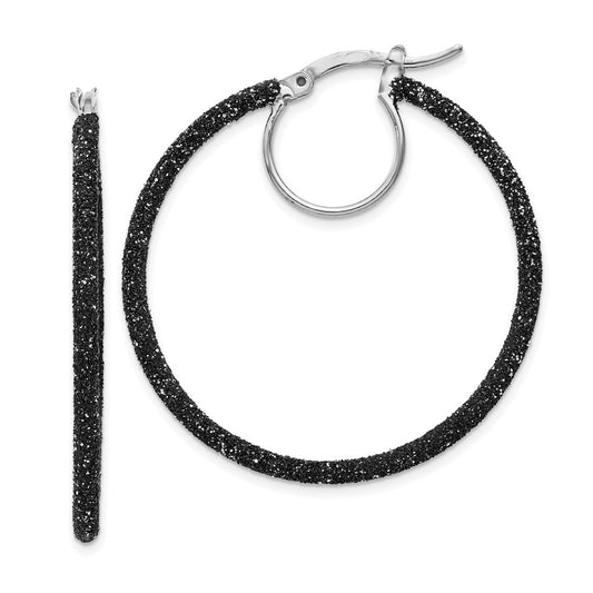 QE8570 Sterling Silver Rhodium-plated Black Glitter Enamel 2x35mm Hoop Earrings