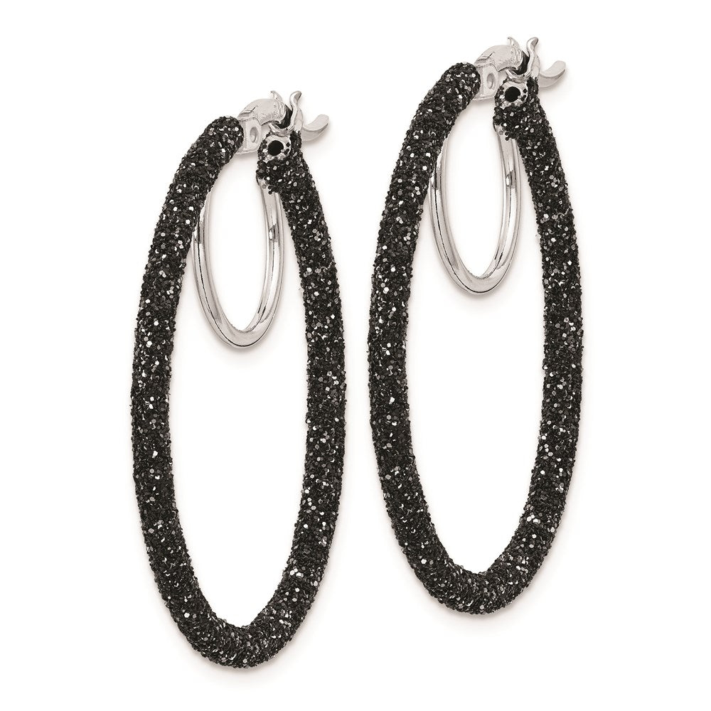QE8571 Sterling Silver Rhodium-plated Black Glitter Enamel 2x30mm Hoop Earrings