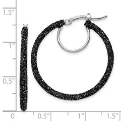 QE8571 Sterling Silver Rhodium-plated Black Glitter Enamel 2x30mm Hoop Earrings