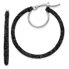 QE8571 Sterling Silver Rhodium-plated Black Glitter Enamel 2x30mm Hoop Earrings