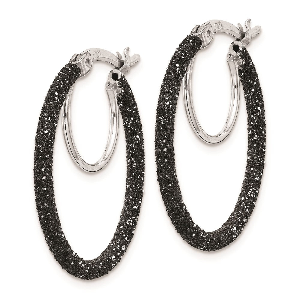 QE8572 Sterling Silver Rhodium-plated Black Glitter Enamel 2x25mm Hoop Earrings