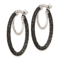 QE8572 Sterling Silver Rhodium-plated Black Glitter Enamel 2x25mm Hoop Earrings