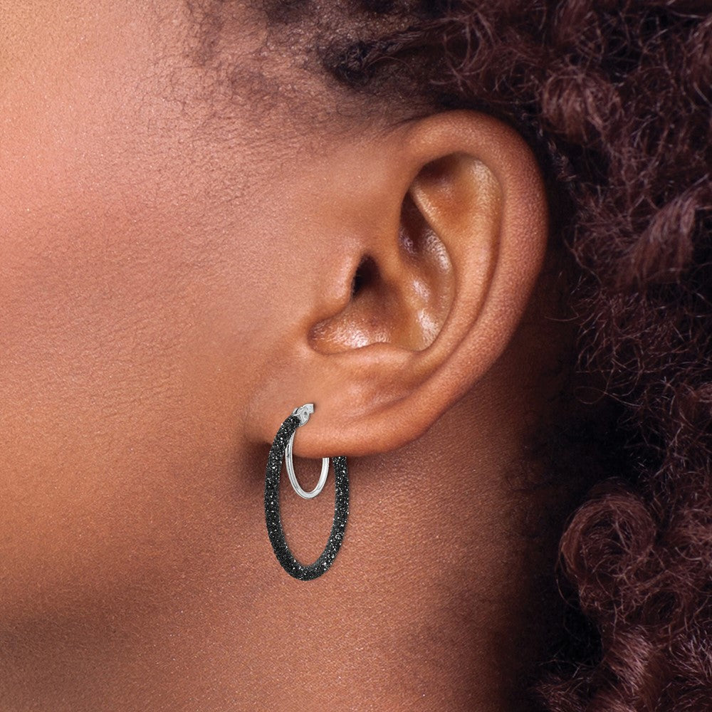 QE8572 Sterling Silver Rhodium-plated Black Glitter Enamel 2x25mm Hoop Earrings