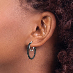 QE8572 Sterling Silver Rhodium-plated Black Glitter Enamel 2x25mm Hoop Earrings