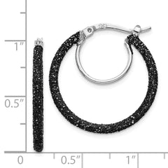 QE8572 Sterling Silver Rhodium-plated Black Glitter Enamel 2x25mm Hoop Earrings