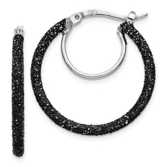 QE8572 Sterling Silver Rhodium-plated Black Glitter Enamel 2x25mm Hoop Earrings