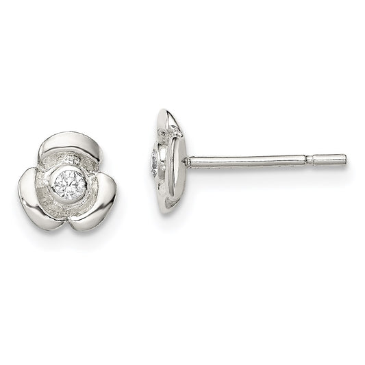 QE8629 Sterling Silver Polished Flower with CZ Children's Post Earrings
