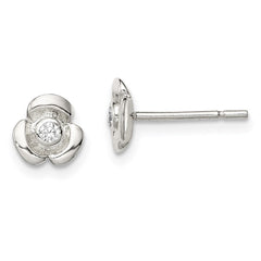 QE8629 Sterling Silver Polished Flower with CZ Children's Post Earrings