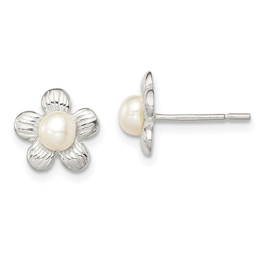 QE8631 Sterling Silver Polished & Textured Sim. Pearl Flower Post Earrings